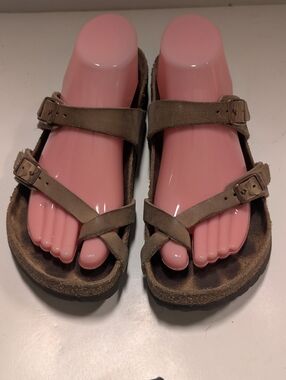 Birkenstock Women's 38/7 Mayari Buckle Straps Slides Brown Leather Sandals